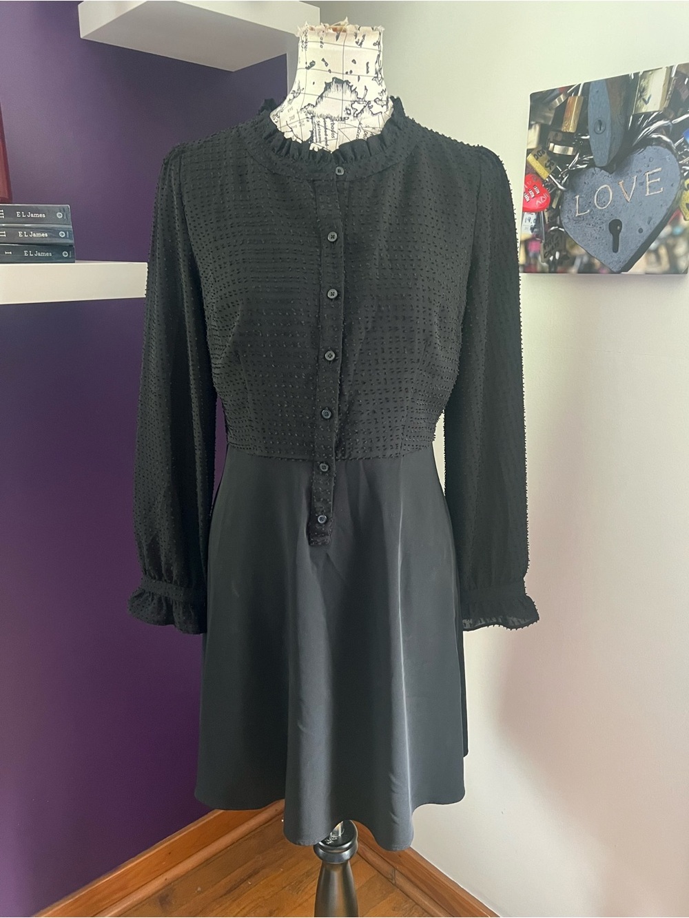 7 for $30 LOFT Black Long-Sleeve Button-Front Dress